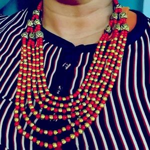 🆕Ethnic tribal multi layered red n gold  beads necklace NWT